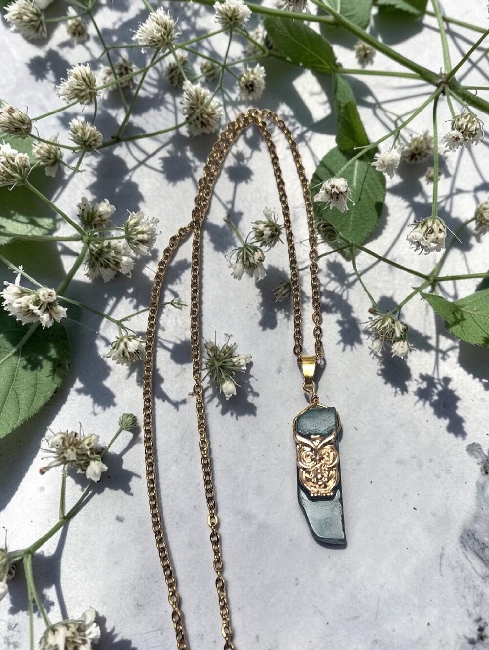 Gold Owl Accent Teal Stone Pendant Necklace